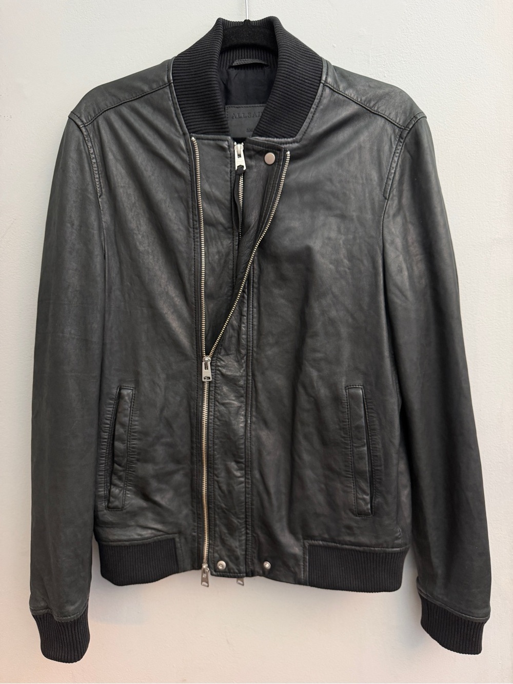 AllSaints Phoenix Leather Double Zipper Bomber Jacket, Size Small